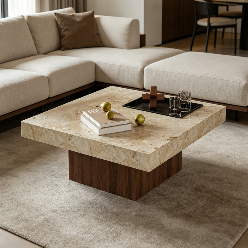 Table basse carrée en ardoise avec plateau Living, H 13,77 po x L 31,49 po x l 31,49 po, Marron clair