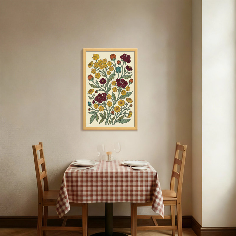 Motif floral de plantes et de fleurs avec des fleurs jaunes et rouges, H 18 po x l 12 po