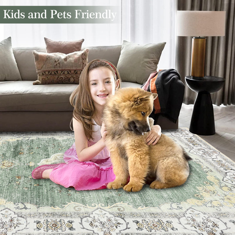 Washable Floral Rug Non-Slip Modern Farmhouse Living Room Carpet, Non-Shedding Low Pile Floor Mats, Foldable Print Accent Indoor Rug for Bedroom, Playroom, Nursery