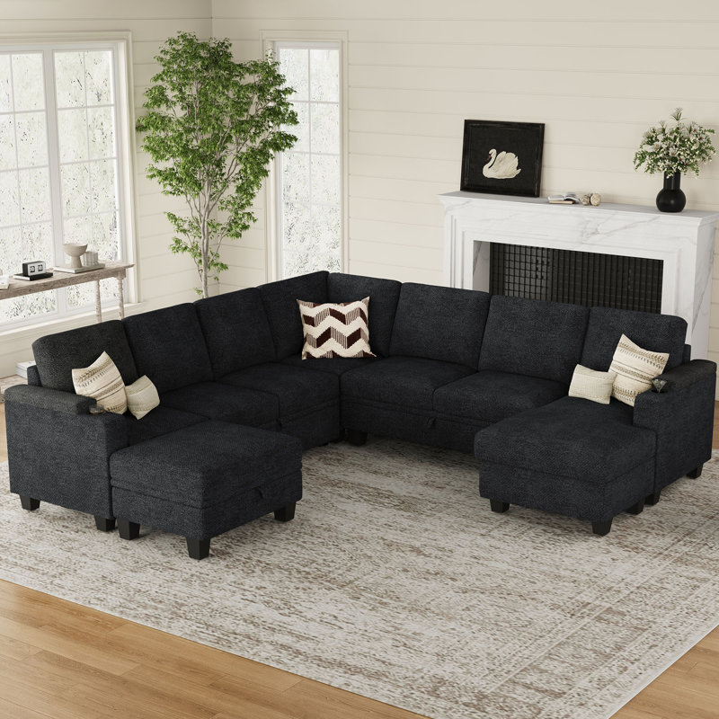 Canapé-lit modulaire avec rangement en U en chenille Penforma Chenille, Chenille grise foncée