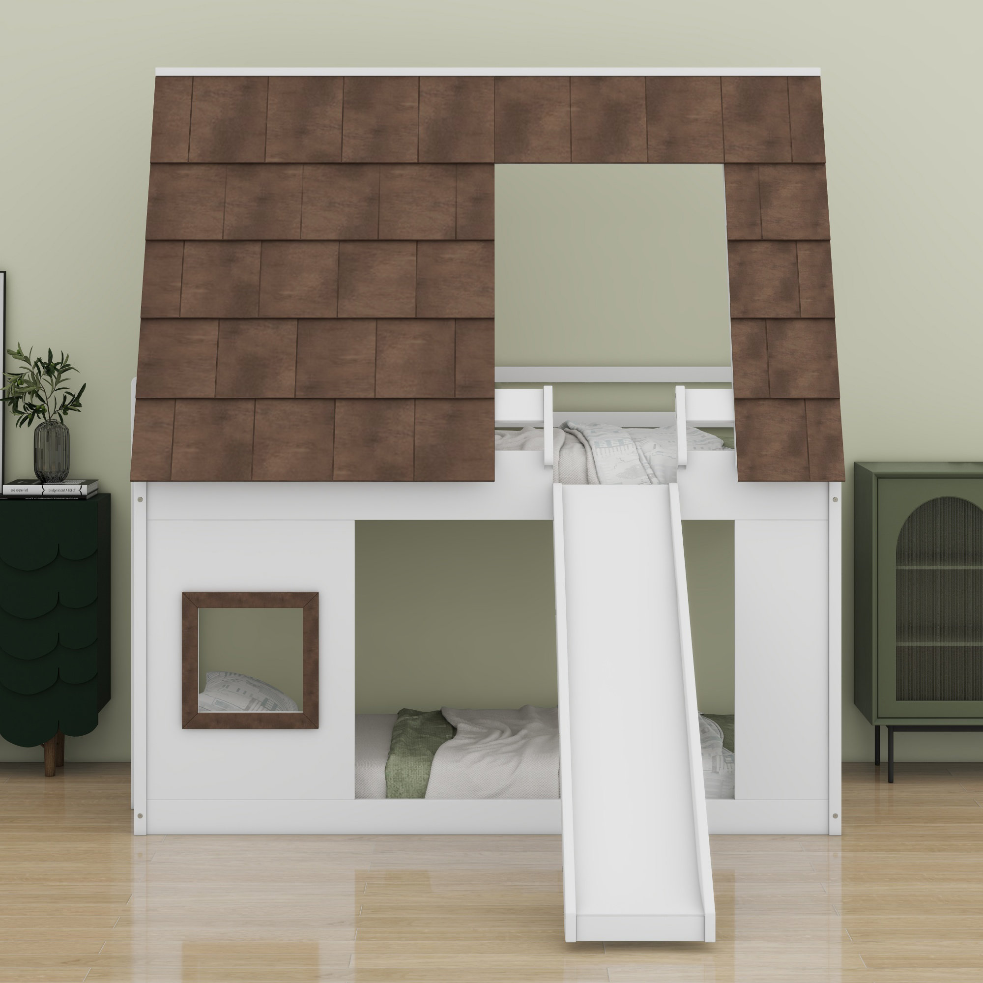 Harper Orchard Wood House Bunk Bed With Roof, Ladder And Slide ...