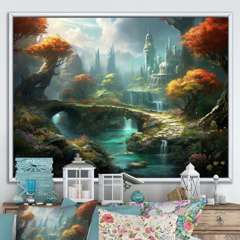 Impression sur toile Fairytale Castle I - Châteaux, H 12 po x l 20 po x P 1 po, Cadre flottant blanc