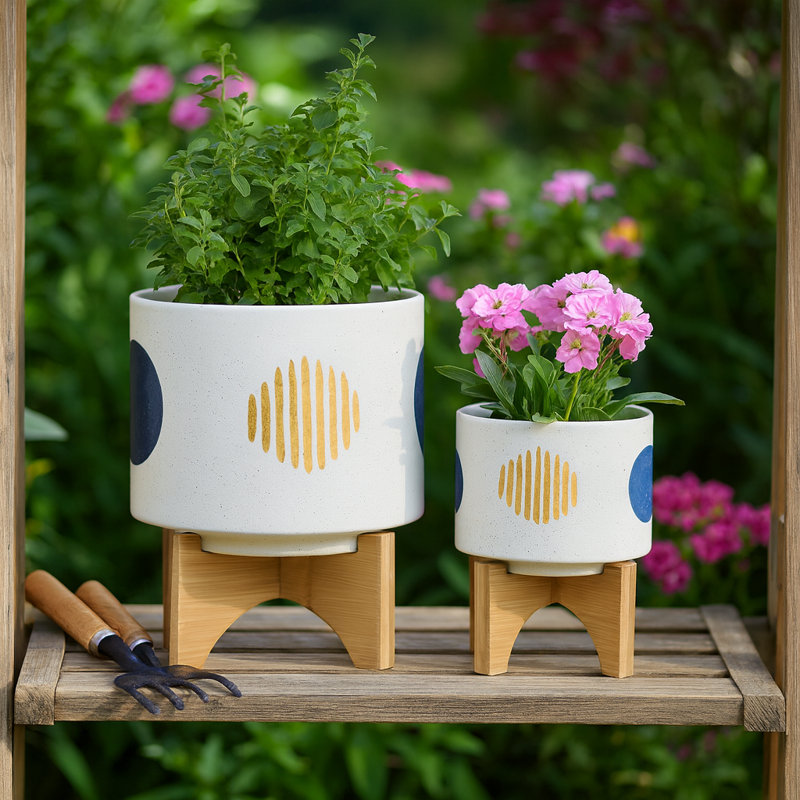 Stoneware and Ceramic Planter Set with Bamboo Stands - Modern Decorative Indoor Planters - Contemporary Geometric Design - Set of 2
