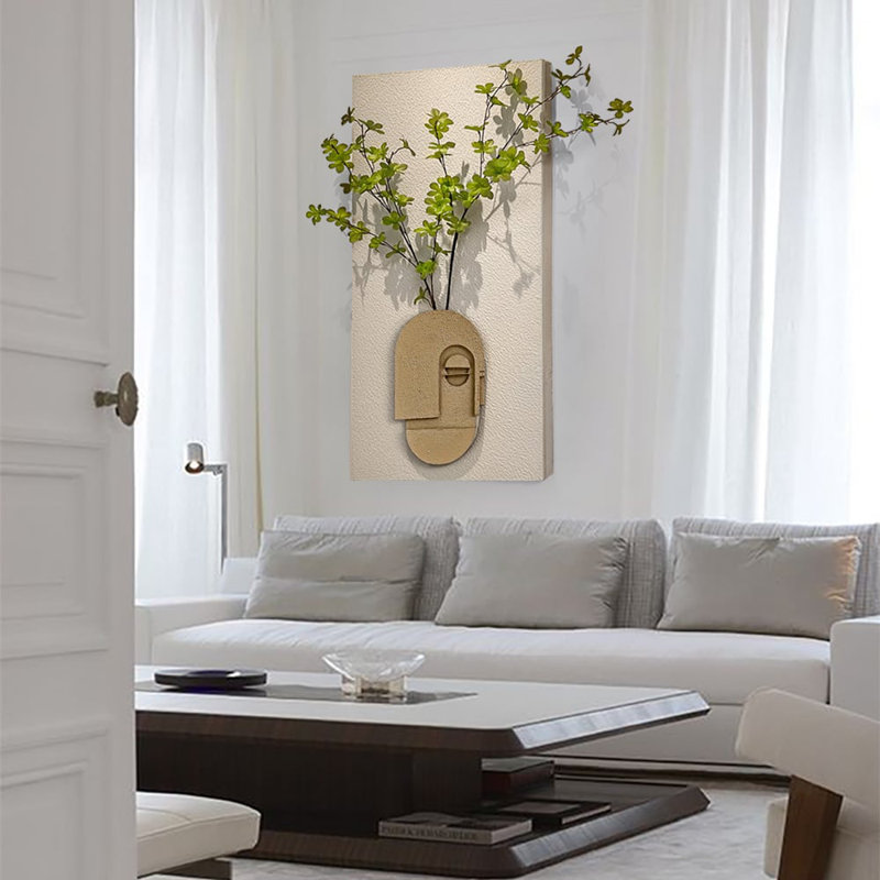 3D Abstract Natural Sandstone Handmade Sculpture With Artificial Plants Wall Decor