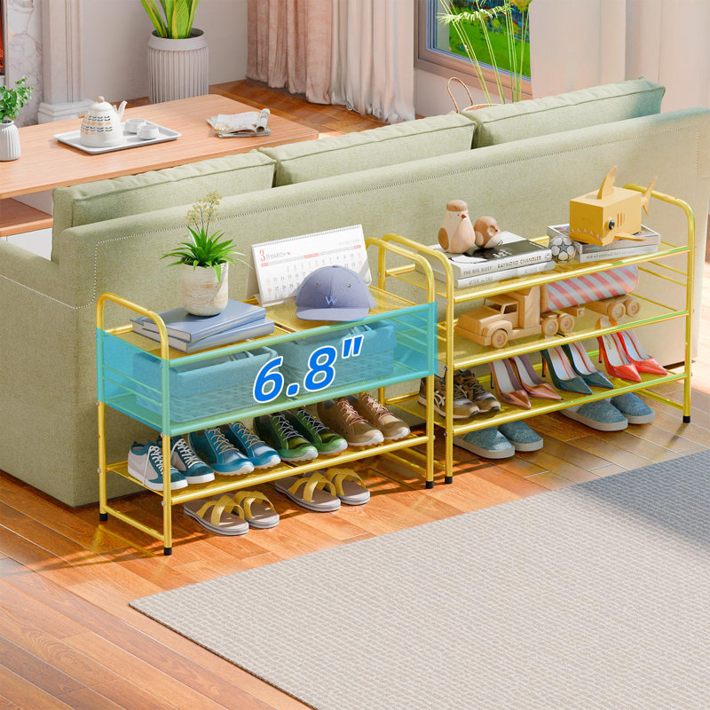 32'' Wide 3-Tier Metal Mesh Shoe Rack for Closet, Stackable and Adjustable, Good for High Heels, Gold