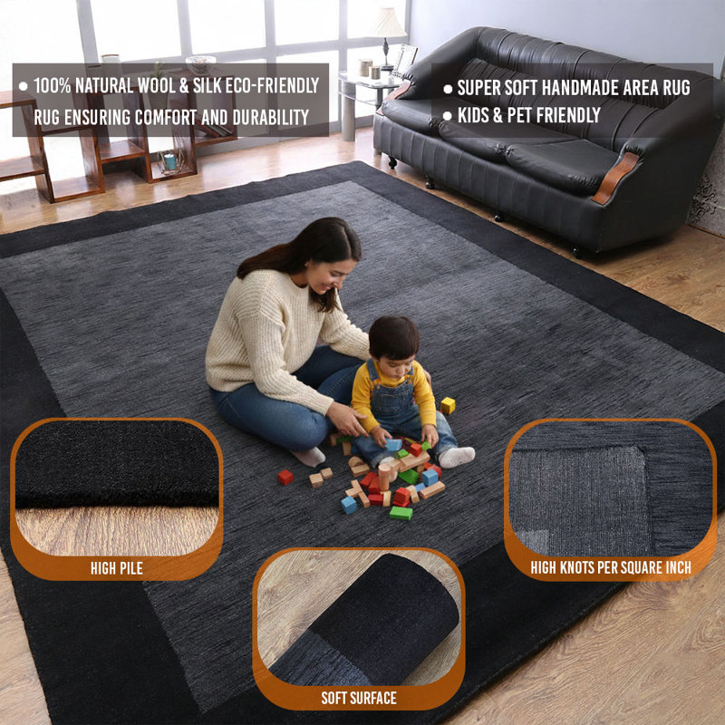 Kenshawn Hand-Knotted Wool Eco-Friendly Area Rug - Rectangle | Charcoal Black | Contemporary Design | Area Rugs for Living room
