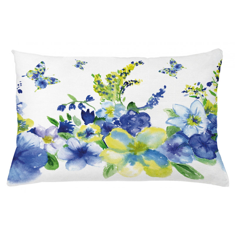 Floral Watercolor Blue and Yellow Polyester Throw Pillow