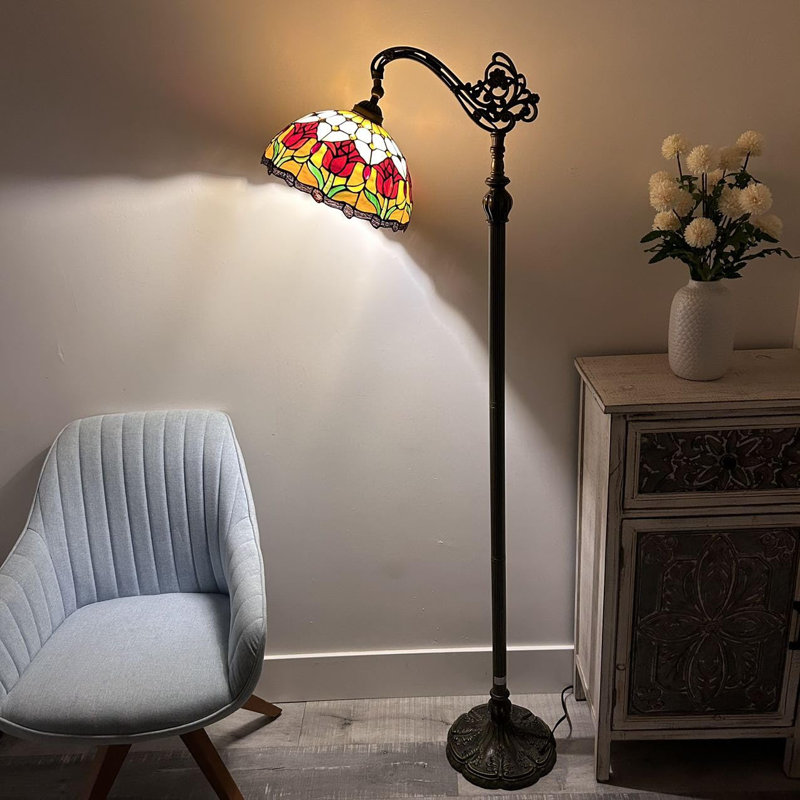 Tiffany Floor Lamp Stained Glass Red Tulips LED Bulb Included Gooseneck Adjustable 20"W 12"D 63"H