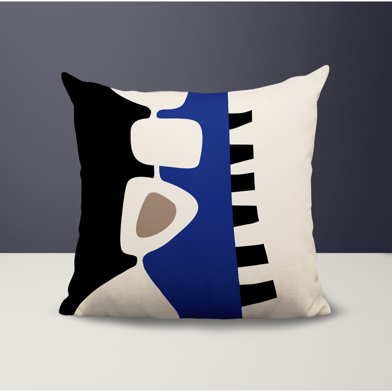 Oreiller carré réversible intérieur / extérieur Kanai, H 15 po x l 15 po, Bleu marine / noir / blanc cassé abstrait