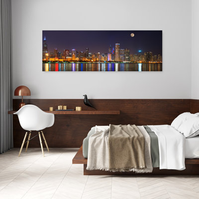 Chicago skyline with Cubs World Series lights night Moonrise Lake Michigan Chicago Cook County Illinois USA 1 Piece Wrapped Canvas Panoramic Wall Art