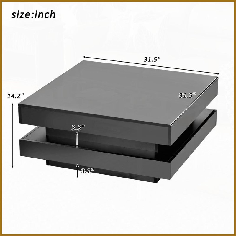 Minimalist 2-Tier LED Coffee Table with High-Gloss Black Finish, Easy-Clean, 31.5'' Square for Living Room
