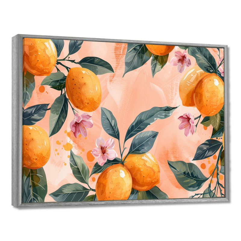 Art floral jaune jaune, rose, orange, arbres III, Encadrement argenté, H 24 po x l 32 po