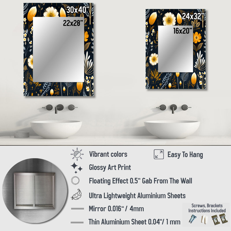 Alayana Elegant Yellow Country Blossum Charm - Floral Wall Mirror, Floral Decorative Mirror, Printed Metal Art, 40" x 30"