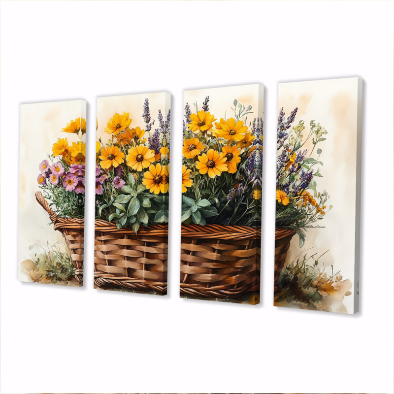 Panier de jardin jaune avec fleurs sauvages, H 28 po x l 48 po