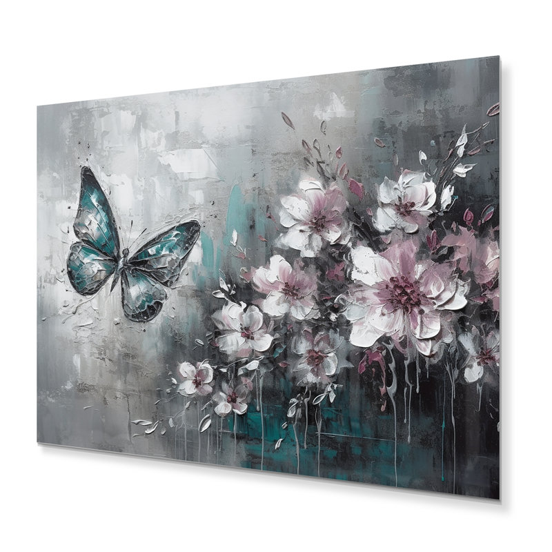 Fleurs avec papillons, peinture III sur métal, H 34 po x l 44 po