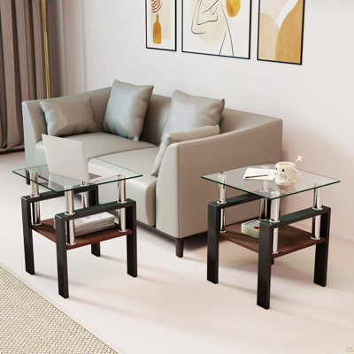 Ensemble de 2 tables à thé modernes en verre trempé, plateau en verre trempé avec panneau de fibres à densité moyenne, table basse, table de bout, table carrée