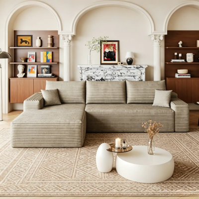 107" Camel Chenille Cloud L-Shaped Modular Sectional Sofa, Deep Seat & Chaise, No Assembly