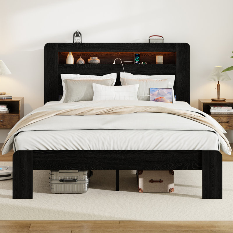 Structure de lit plateforme en bois avec rangement, tête de lit à DEL, ports USB et assemblage facile, Grand lit, Noir