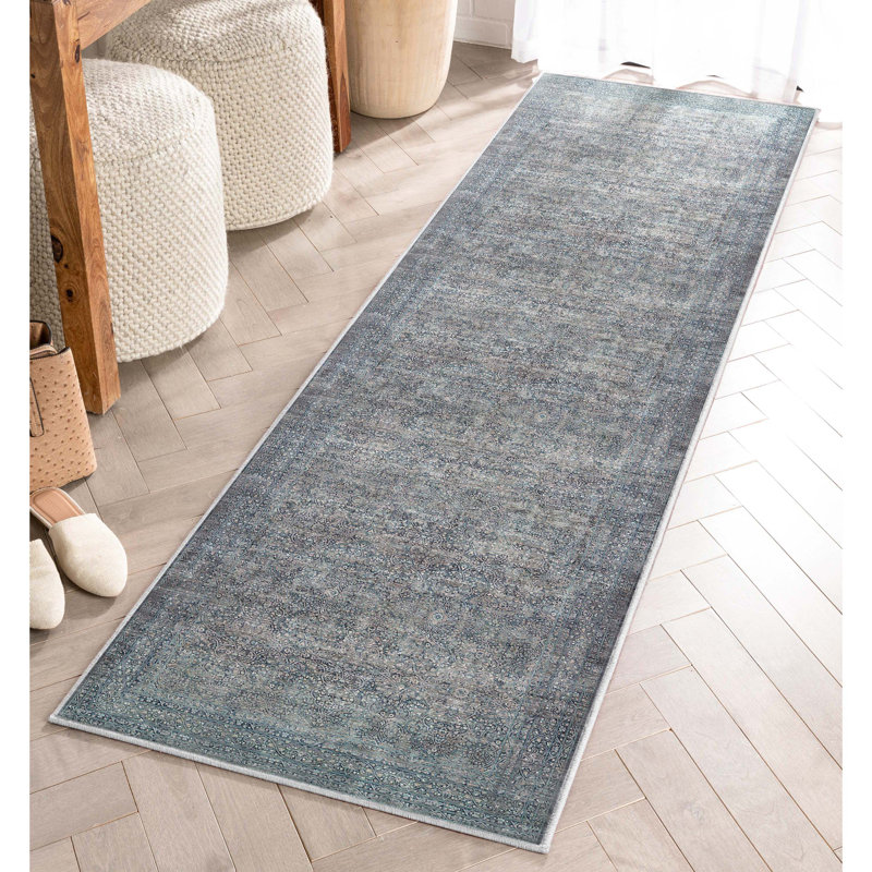Tapis oriental bleu tissé à la machine, Tapis de couloir 2 pi 3 po x 7 pi 3 po