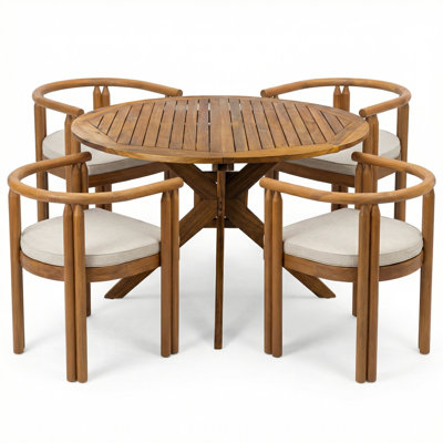 Cagnie Scandinavian Minimalist Acacia Wood Outdoor Dining Set With Cushioned Chairs And Round Slat Table