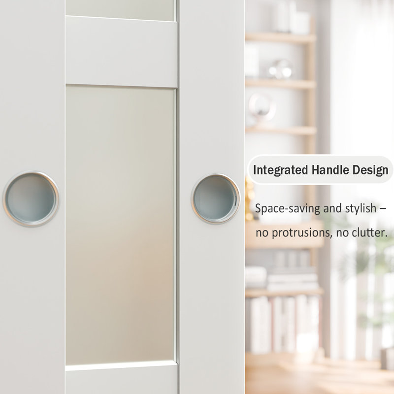 Sliding Door–5 Lite Frosted Glass Panel Design White MDF With Built-In Handles & Smooth Sliding Hardware, 60" x 80"