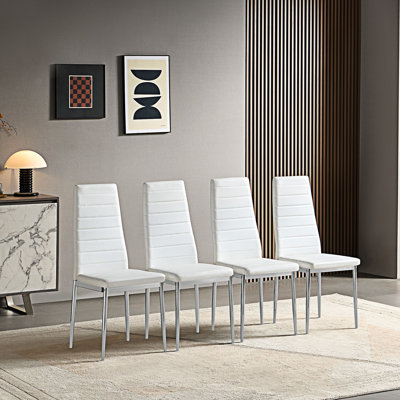 Ensemble de chaises de salle à manger de style moderne pour 4 personnes avec cuir PU confortable et pieds de chaise chromés argentés, blanc