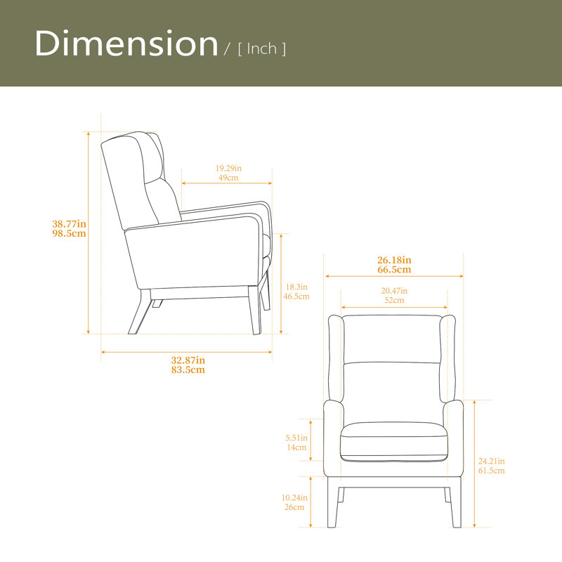 Fauteuil d'appoint moderne de 26,18 po de largeur, fauteuil de lecture à haut dossier en mélange de polyester, fauteuil club rembourré, canapé simple avec pieds en bois