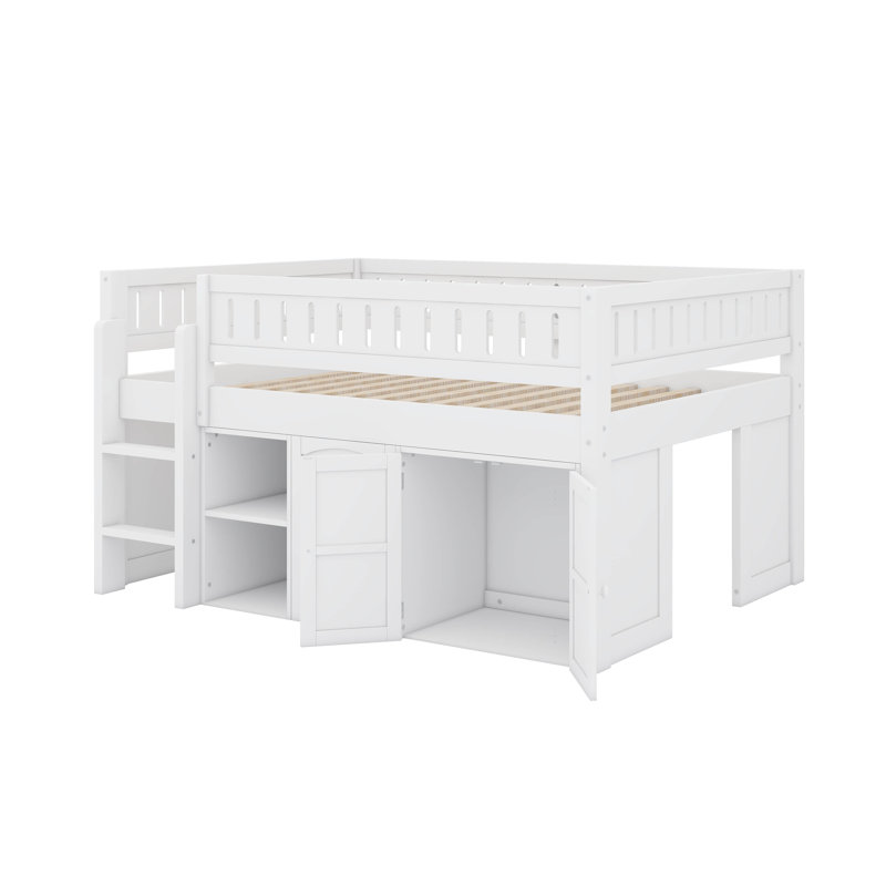 Lit mezzanine double avec armoire de rangement et tableau noir, Blanc