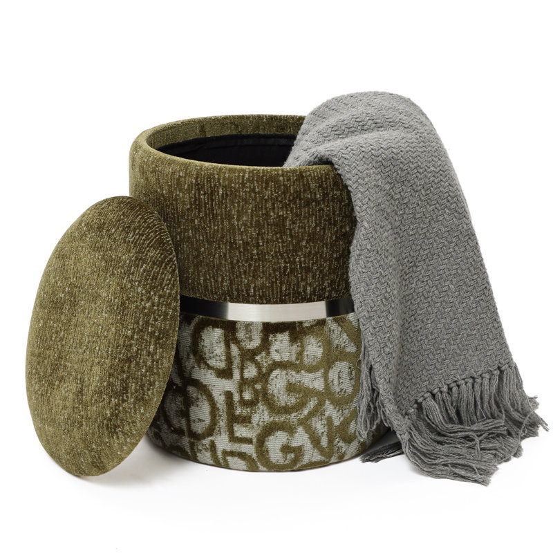 Pouf de rangement rond de 38 cm avec bande métallique, vert olive, Patterned Green