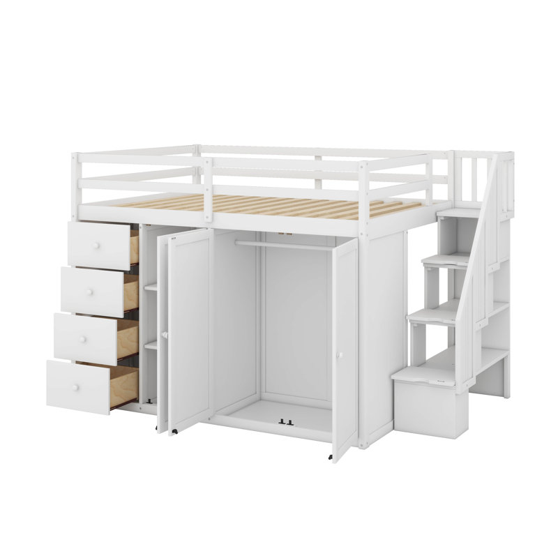Lit mezzanine double en bois avec armoires, tiroirs et armoires, Blanc