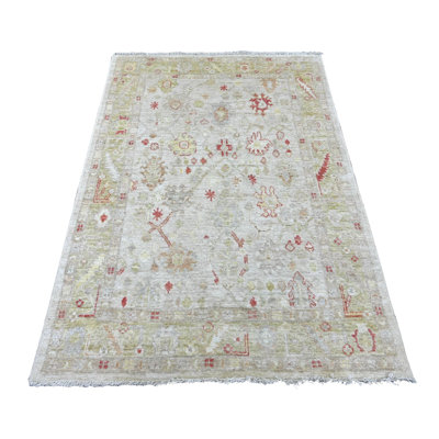 Tapis oriental gris clair 4 pi 2 po x 6 pi, motif angus afghan Oushak avec motif de feuilles, couleurs nouées à la main 100% laine