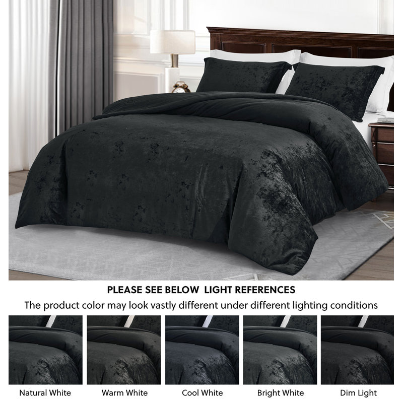 Lux Distressed Velvet Reversible Comforter Set, Queen Comforter + 2 Standard Shams, Black