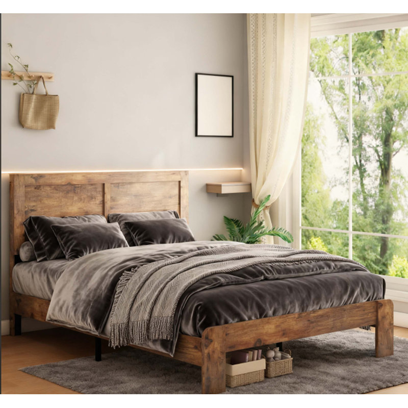 Structure de lit plateforme très grand en bois avec conception silencieuse, assemblage facile et rangement spacieux sous le lit, finition brun foncé