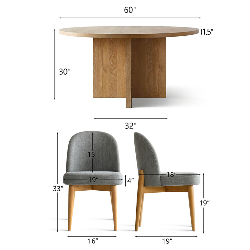 Modern 7-Piece 60-Inch Round Oak Veneer Dining Set With 6 Linen Chairs, Gray