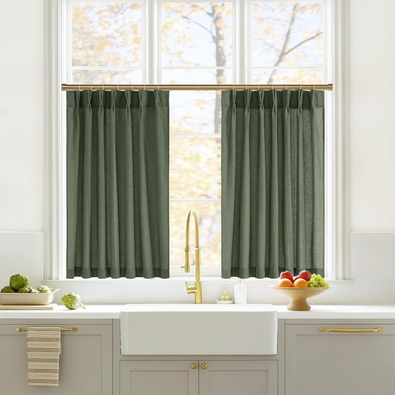 Pinch Pleated Linen Valances for Windows, 2 Panels Set Farmhouse Light Filtering Small Sheer Curtains for Cafe Bar Kitchen Over Sink Christmas Decor
