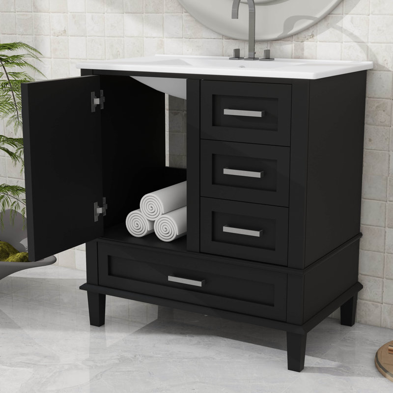 Ensemble de meuble-lavabo 30 po avec lavabo, porte à fermeture douce, armoire de salle de bain simple moderne en bois avec rangement, 3 tiroirs, structure en bois massif