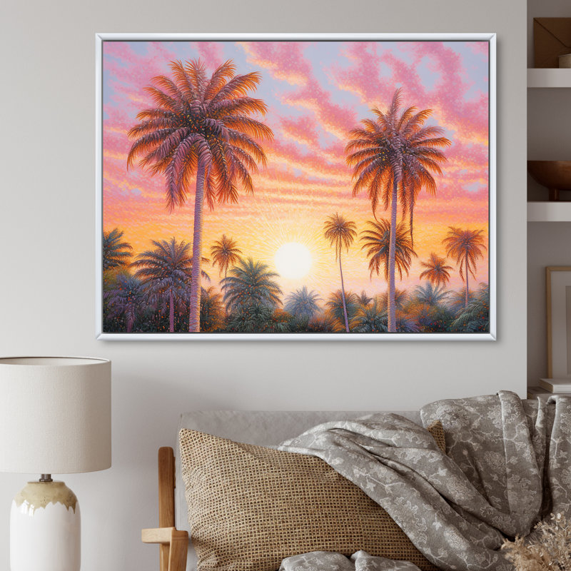 Rose radiance coucher de soleil palmiers V, Cadre flottant blanc, H 16 po x l 32 po x P 1 po