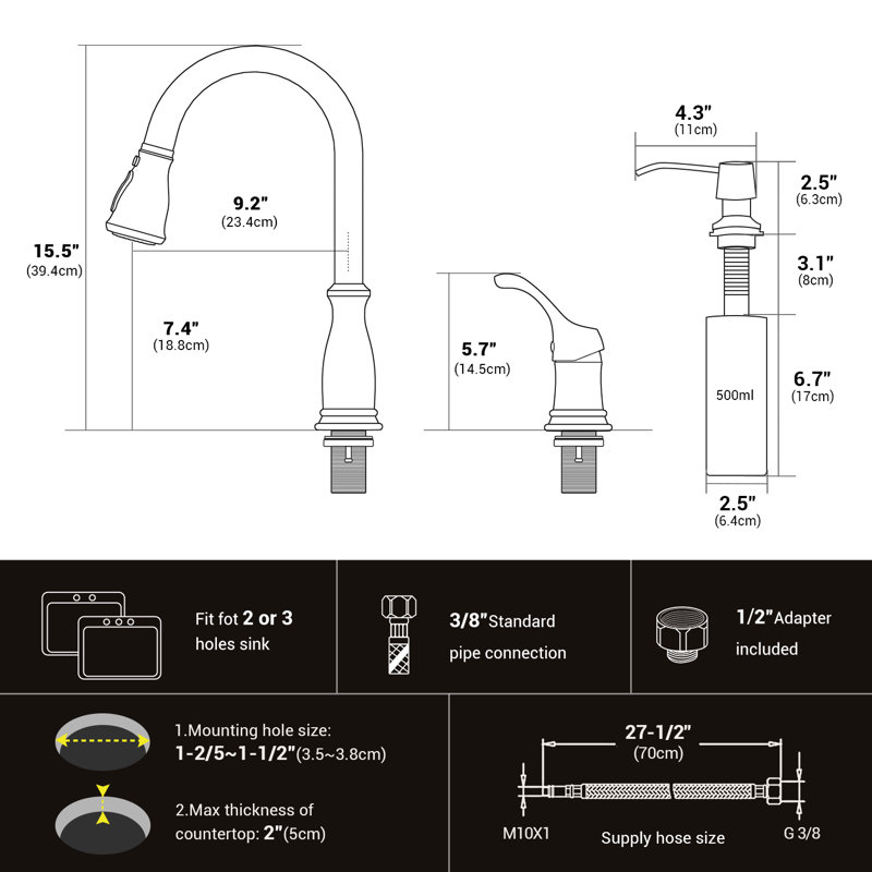 APPASO 3 Hole Pull Down Kitchen Faucet with Pull Down Sprayer and Soap Dispensor Stainless Steel, Oil Rubbed Bronze