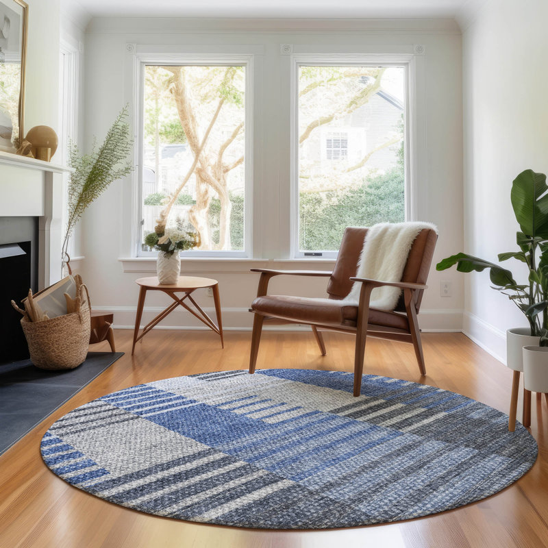 Premium Machine Washable Prisco Blue Rug, Round 8'