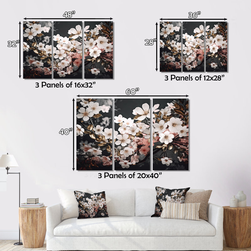 Branche de fleurs de cerisier roses et blanches, H 28 po x l 36 po x P 1 po