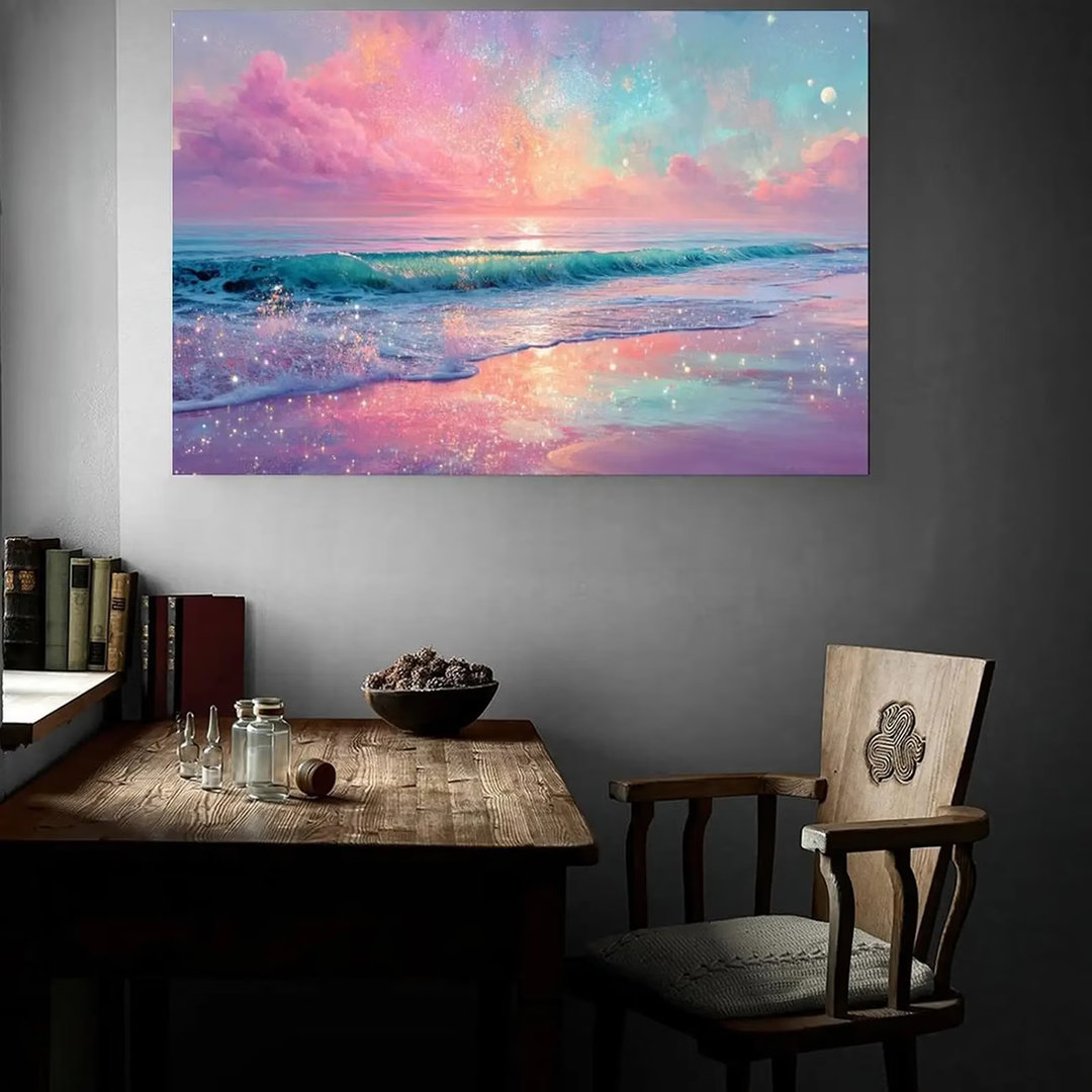 40*30,Large Modern Beach Sunset Painting - Pastel Pink, Purple, Blue, Orange, Turquoise Ocean Waves - Ready-To-Hang Wrapped Canvas Wall Decor With Han