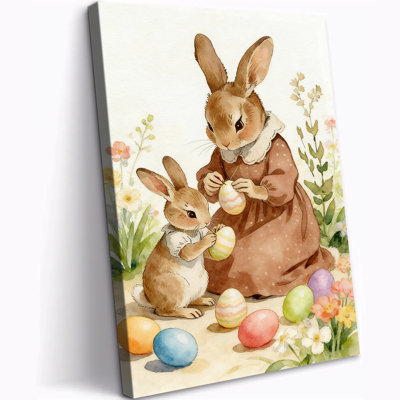 Easter Bunny Canvas Wall Art, Spring Rabbits Decorating Eggs Painting, Christian Wall Decor, Colorful Canvas Prints Poster Artwork for Home Nursery Bedroom Ready to Hang, 12×18 Inches
