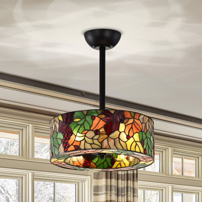 Ralfa 6-light Tiffany Glass Fandelier Lighted Ceiling Fan Floral And Berries Design Remote Control - Multi-color