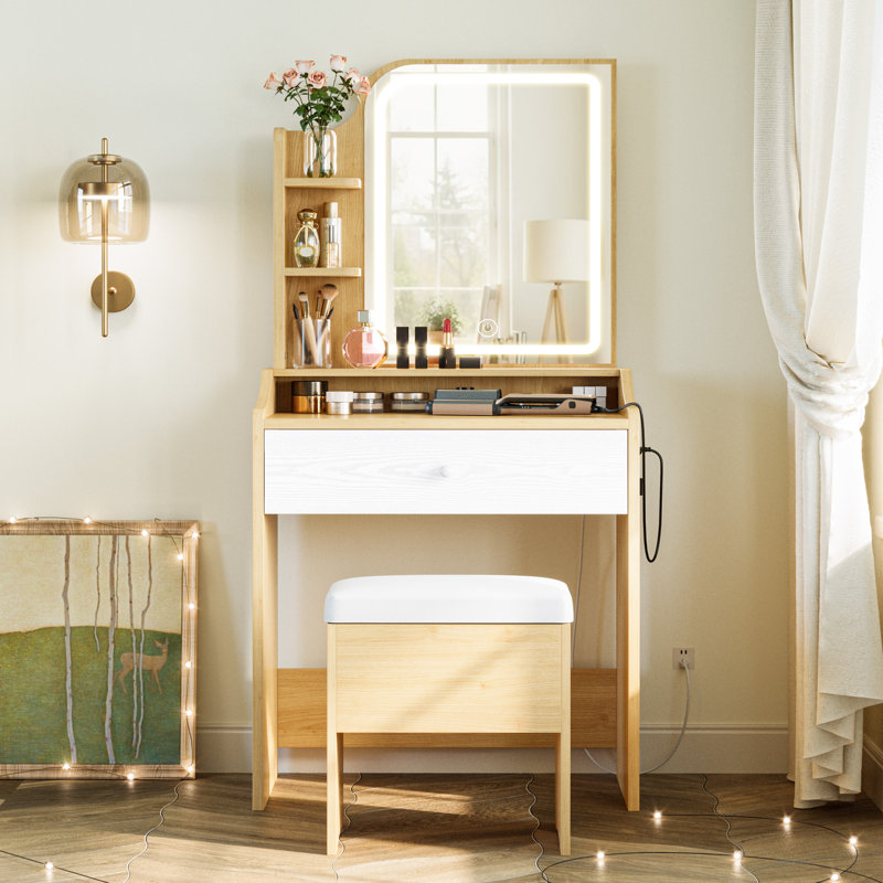 Small Vanity Table Set With Lights & Mirror, Storage Drawer, 3 Shelves And Chair - Wooden Makeup Desk