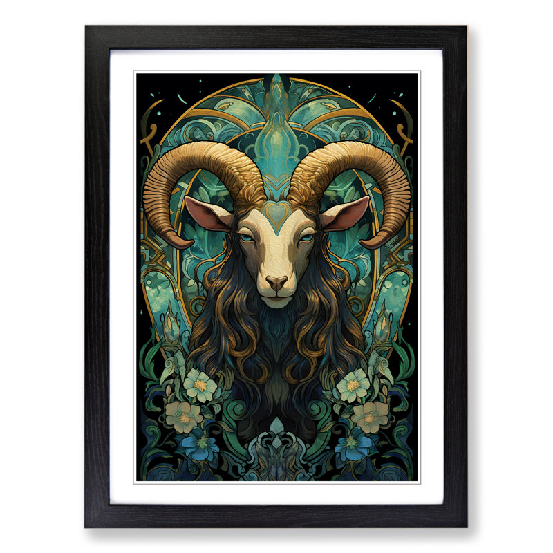Goat Nouveau - Single Picture Frame Print on Wood, 46cm H x 34cm W x 2cm D, Black
