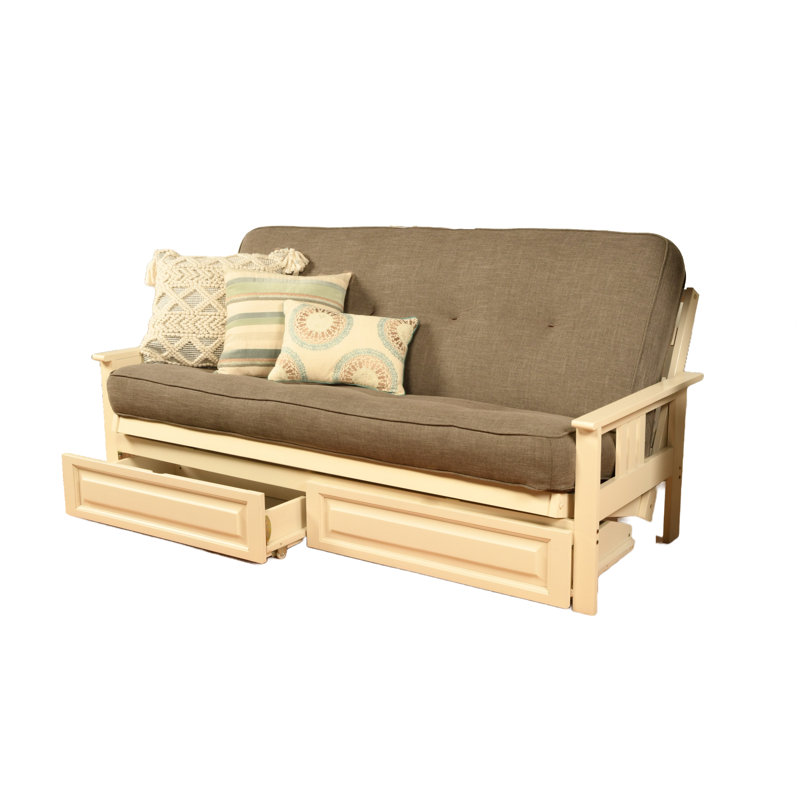 Le cadre de futon double Stratford comprend des tiroirs de rangement et un matelas, Blanc antique, Lin pierre, Innerspring