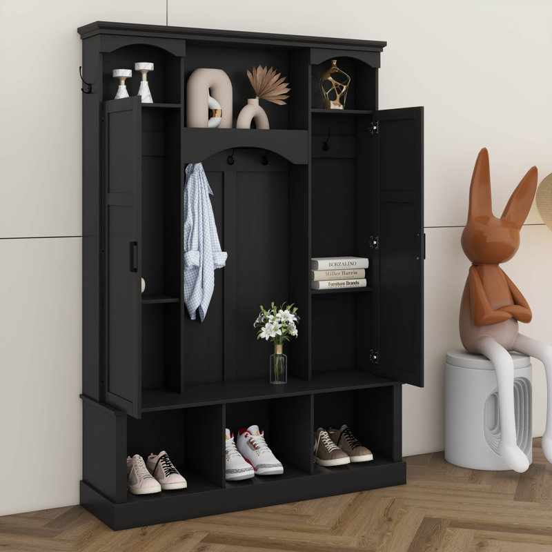 Arbre d'entrée de style campagnard avec tablettes réglables et 7 crochets, organisateur de hall d'entrée tout-en-un, armoire à chaussures et banc de rangement