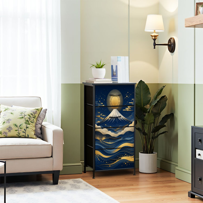Commode 4 tiroirs pour chambre à coucher, commode étroite, plateau en bois et structure de bureau en fer 18 po x 37,5 po (l x H) - avec impression abstraite circulaire de paysage de montagne bleu doré