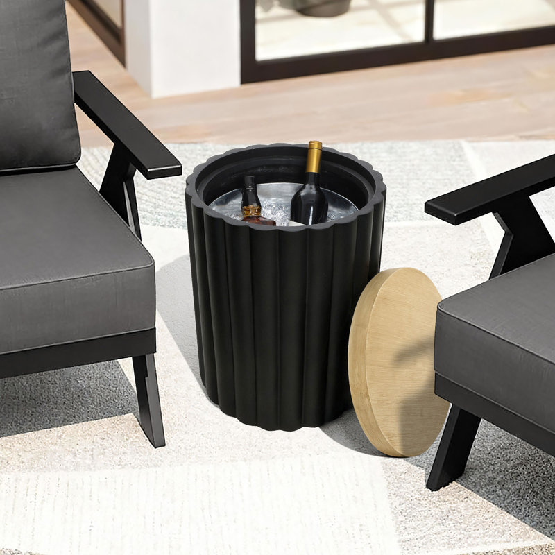 Black Fluted Round Patio Side Table with Lid & Built-In Metal Ice Bucket