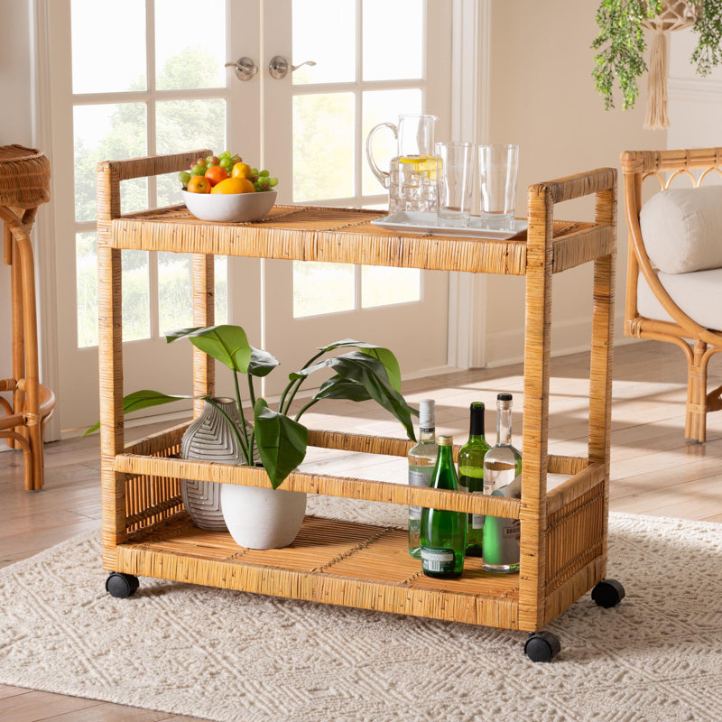 Cellan Modern Bohemian Natural Brown Rattan And Teak Wood 2-Tier Kitchen Cart
